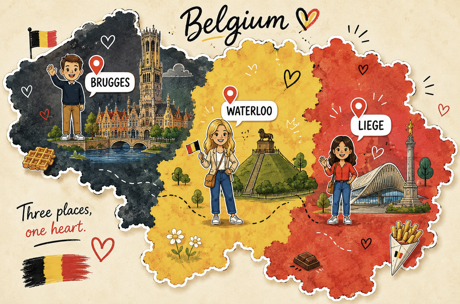 Illustrated map of Belgium marking Bruges, Waterloo and Liège — three places, one heart.